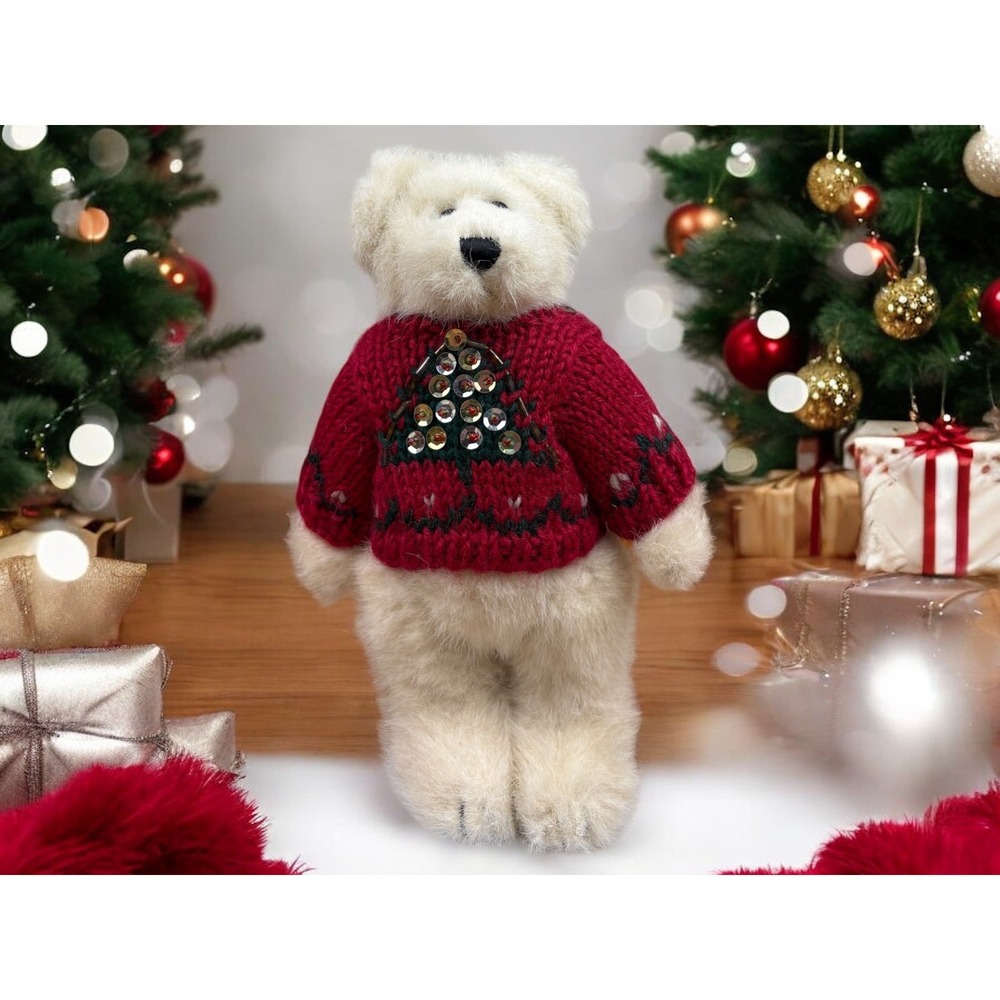Boyds Bears LARS 8" White Plush With Hand Knit Christmas Sweater Sequin Tree